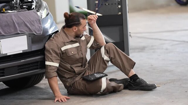 Mechanic car garage repair accident injury worker stress, male technician on workshop floor near bumper during vehicle repair work