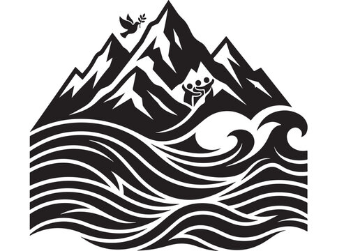Mountain with Bird and Climbers Illustration Over Waves Featuring Nature, Adventure, Outdoor with Landscape and Peak Elements