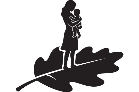 Mother Holding Child Silhouette on Leaf Illustration, Family Love Concept, Black and White Vector Design