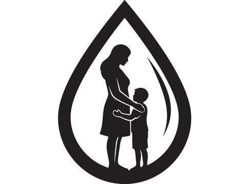 Mother and Child Silhouette Inside Teardrop Shape Symbolizing Family Love and Protection Featuring Bond, Care, Parenting
