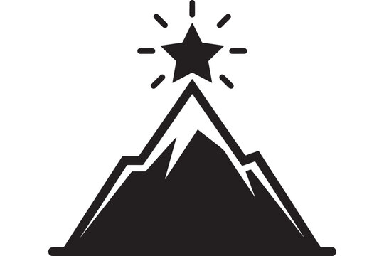 Mountain with Star Illustration, Vector Design of Peak and Celestial Symbol, Black and White Concept Art