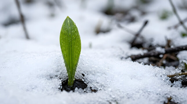 A single green sprout emerging from melting snow in early spring