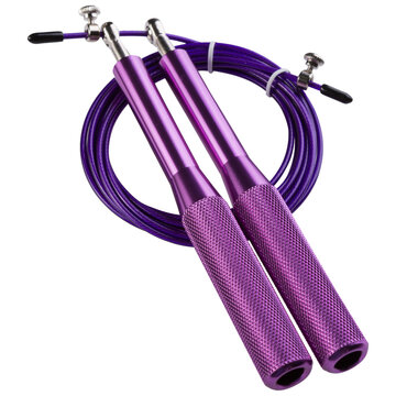 Purple speed jump rope isolated on white background. Metal speed rope with aluminum handles and adjustable steel cable for crossfit and cardio training