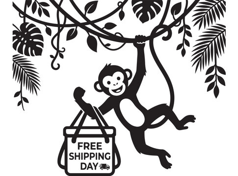Monkey Hanging From Tree Branch with Free Shipping Day Sign Illustration Featuring Leaves, Promotion, Advertisement