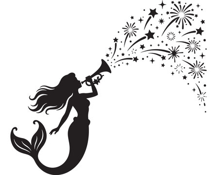 Mermaid Blowing Trumpet with Fireworks and Stars Illustration Vector Graphic Design Featuring Fantasy, Mythical, Underwater
