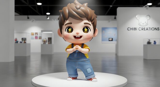 Adorable Chibi Boy Character in Denim Overalls at Art Exhibition