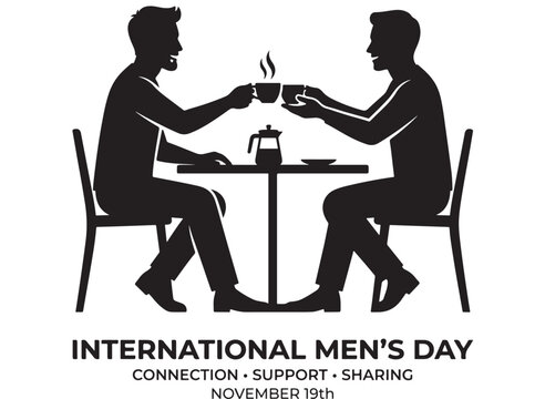 International Men's Day Illustration with Two Men Toasting Coffee Cups at a Table, Symbolizing Connection and Support
