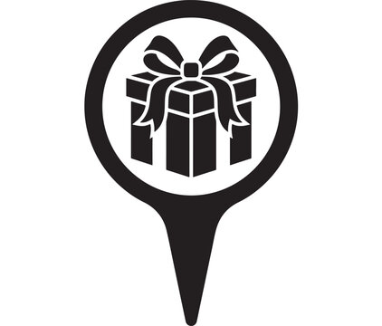 Gift Box with Ribbon Inside Circular Frame on a Pin Shape Featuring Present, Wrapping, Celebration with Holiday and Decoration