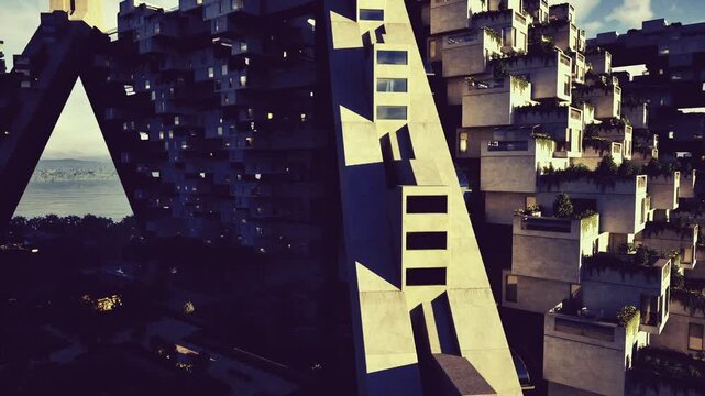 Oppressive vertical concrete canyon with towering blocks and arch motifs, deep contrast between light and shadow, sense of density and scale, urban planner
