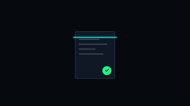 Digital document scanning and approval animation with green checkmark for business workflow and data verification 4k