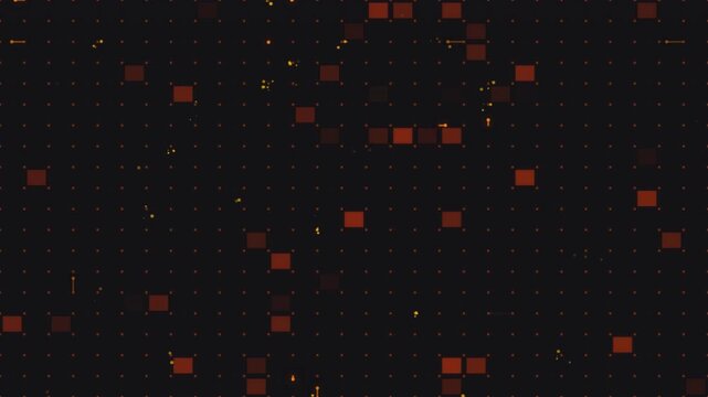 Abstract dark background with glowing orange square pixels and small dots in a digital grid pattern