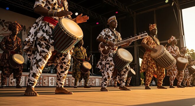 African Musicians Perform Traditional Rhythms on Stage with Drums and Sitar