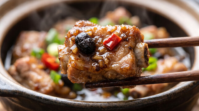 Chopsticks Holding Tender Steamed Pork Rib Bite-Sized Piece Topped with Fermented Black Bean and Red Chili in Claypot Close-Up