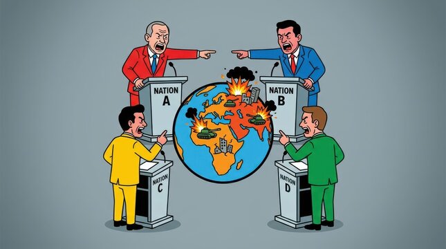 Political leaders from different nations arguing over global conflict and world peace on television broadcast.