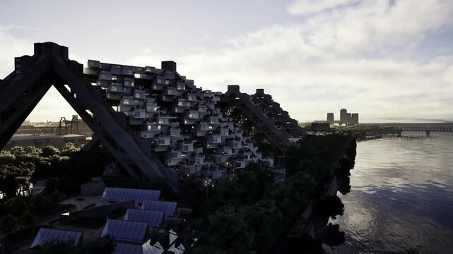 Aerial riverfront geometric cluster with repetitive modules and reflective water, drone survey reveals gridlike terraces and shoreline interplay, urban