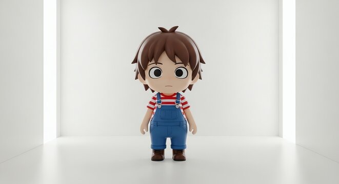 Animated Boy Character in Overalls and Striped Shirt Standing in White Studio