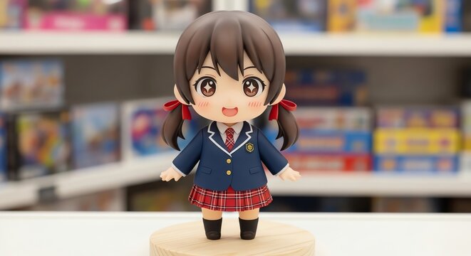 Anime-Style Schoolgirl Figurine in Uniform, Smiling, Wooden Base.