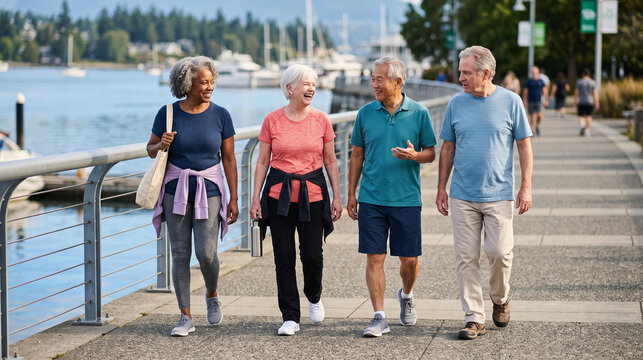 Active Older Friends Strolling Along the Waterfront at Sunrise