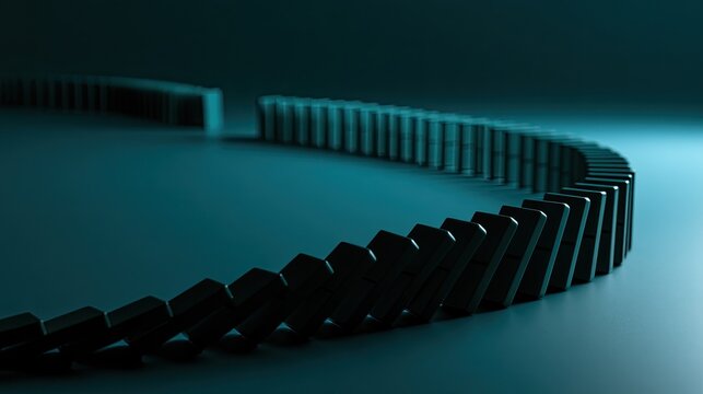 Dark, curved line of falling dominoes in moody blue lighting