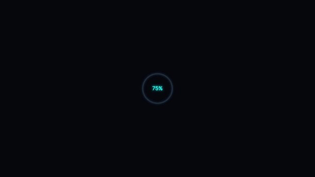 Digital loading circle animation with 75 percent progress indicator on dark 4k background percentage