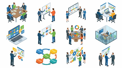 Fototapeta premium Colorful isometric illustrations of business teamwork and collaboration.