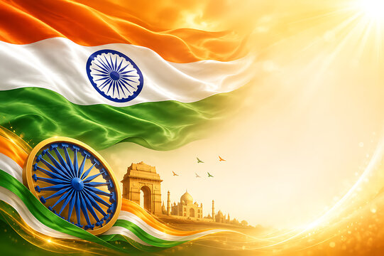 Modern Indian Independent Independence Day Celebration, Republic Day Indian Flag Background Template with Copy Space for Editorial Use
