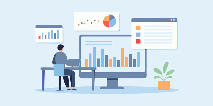 data analyst working at desk flat vector illustration computer charts graphs monitor office workplace statistics analysis visuals graphic design business finance economics professional