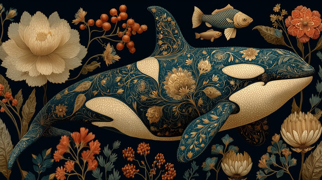 A majestic orca whale decorated with intricate Scandinavian folk floral patterns, swimming through a magical underwater forest filled with colorful coral