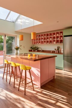 Bright, modern kitchen with pink island, yellow stools, and skylight
