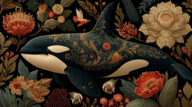 A majestic orca whale decorated with intricate Scandinavian folk floral patterns, swimming through a magical underwater forest filled with colorful coral