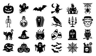 Collection of black silhouette icons for halloween featuring spooky characters and traditional holiday symbols on white background