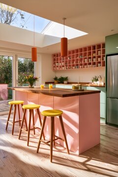 Bright, modern kitchen with pink island, yellow stools, and skylight (1)