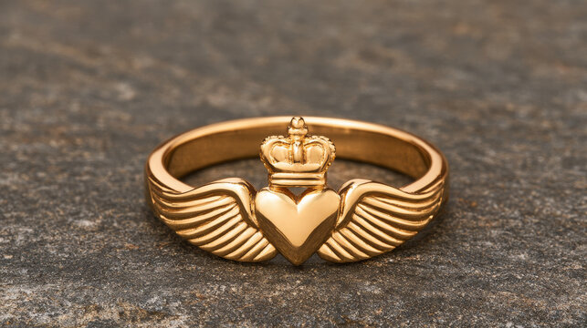 Golden ring with heart and crown design on textured surface  