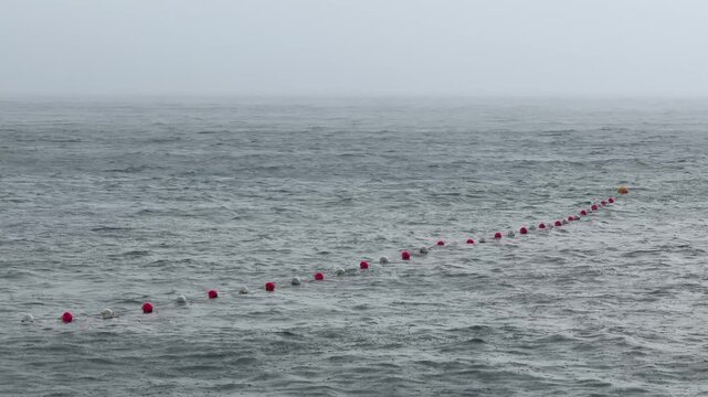 Safety buoys floating on stormy ocean water under foggy sky. Static wide shot captures the boundary line stretching into the gray misty horizon.