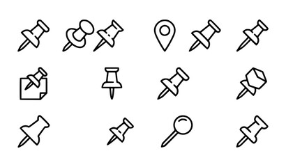 Fototapeta premium Set of hand drawn push pin icons for office and map location marking on white background