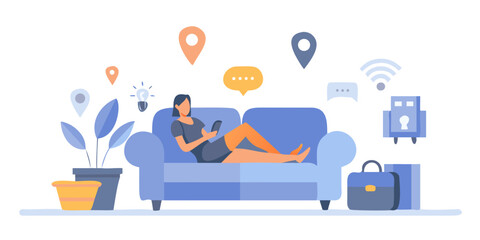 Fototapeta premium woman relaxing on sofa flat vector illustration furniture lounge rest leisure sitting comfortable home interior plant bag icons speech bubble wifi lock flat style graphic