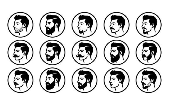 Set of fifteen circular icons showing various male beard and mustache styles in a profile view black and white illustration