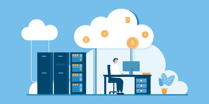 tech working at desk in flat vector illustration professional computer server cloud coins blue background technology data center internet finance business office workplace