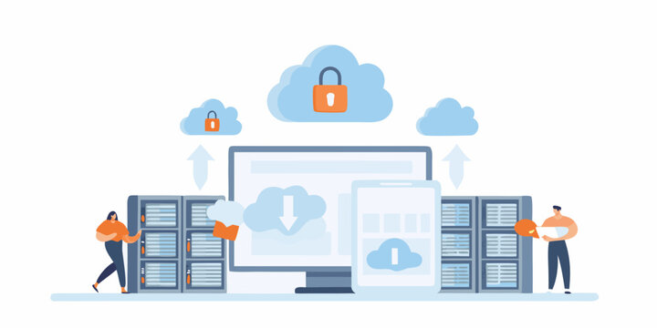 team managing security flat vector illustration cloud lock server computer mobile device data protection privacy technology network internet cybersecurity encryption access control digital