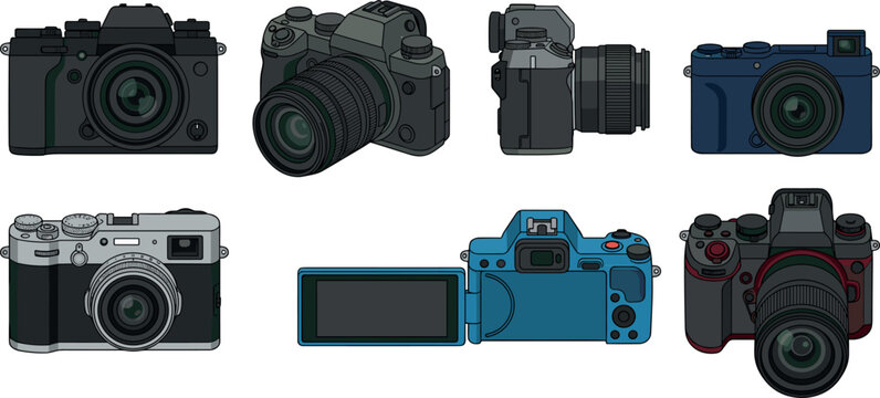 Modern Mirrorless and Compact Vlogging Camera Vector Icon Set Featuring Articulating LCD Flip Screens and Prime Lenses for Content Creators and Photography Media