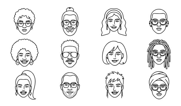 Set of diverse human faces and avatars with various hairstyles and glasses in a simple line art style
