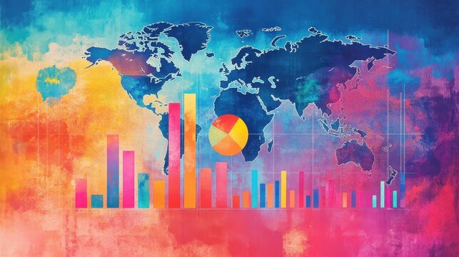 Global market growth dashboard in vibrant watercolor with world map layered behind rising bar charts colorful pie graph and flowing analytics on textured paper 