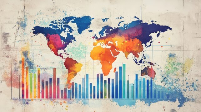 Global market growth dashboard in vibrant watercolor with world map layered behind rising bar charts colorful pie graph and flowing analytics on textured paper 