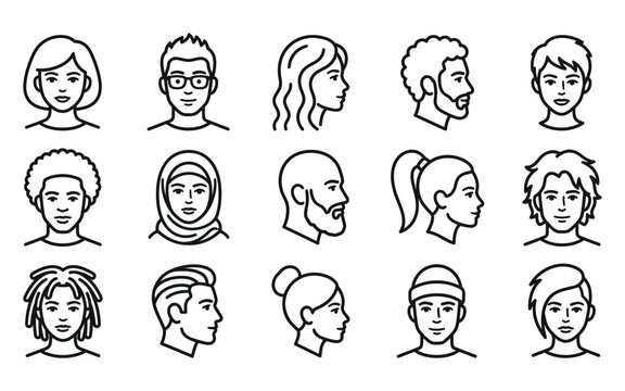A collection of diverse human face icons featuring various hairstyles and ethnicities presented in a clean minimalist black and white line art style