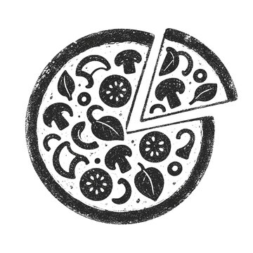 Vegetarian pizza with fresh toppings and slice removed, vector illustration  