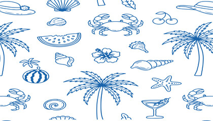 Blue hand drawn sketch summer seamless pattern featuring tropical palm trees seashells crabs hibiscus flowers and beach vacation elements © MDAKTARUL