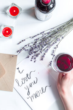 concept of Valentine Day love letter white background top view
