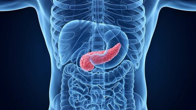 3D Medical Illustration of Human Pancreas Anatomy for Diabetes and Digestive Health on Blue Background