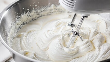 Whipped cream being mixed in a stainless steel bowl with mixer 