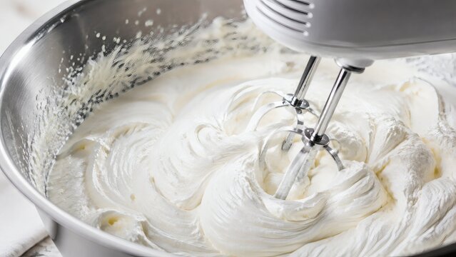 Whipped cream being mixed in a stainless steel bowl with mixer  